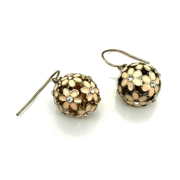 Vintage Pierced Floral Ball Earrings, Dangle Flowers with Enamel and Crystals - Picture 4 of 5